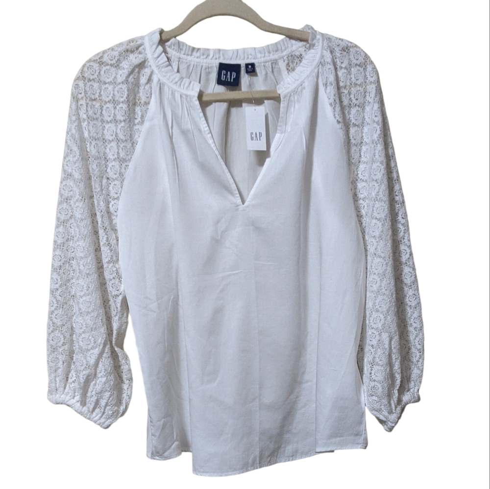 Gap white lace poet sleeve flowy lose fit blouse top sheer new size M
